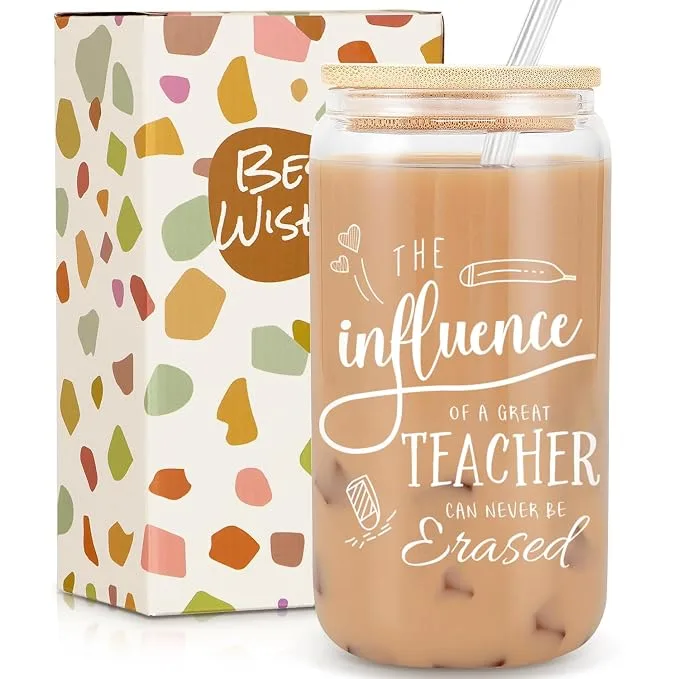 Glass cup with teacher influence quote