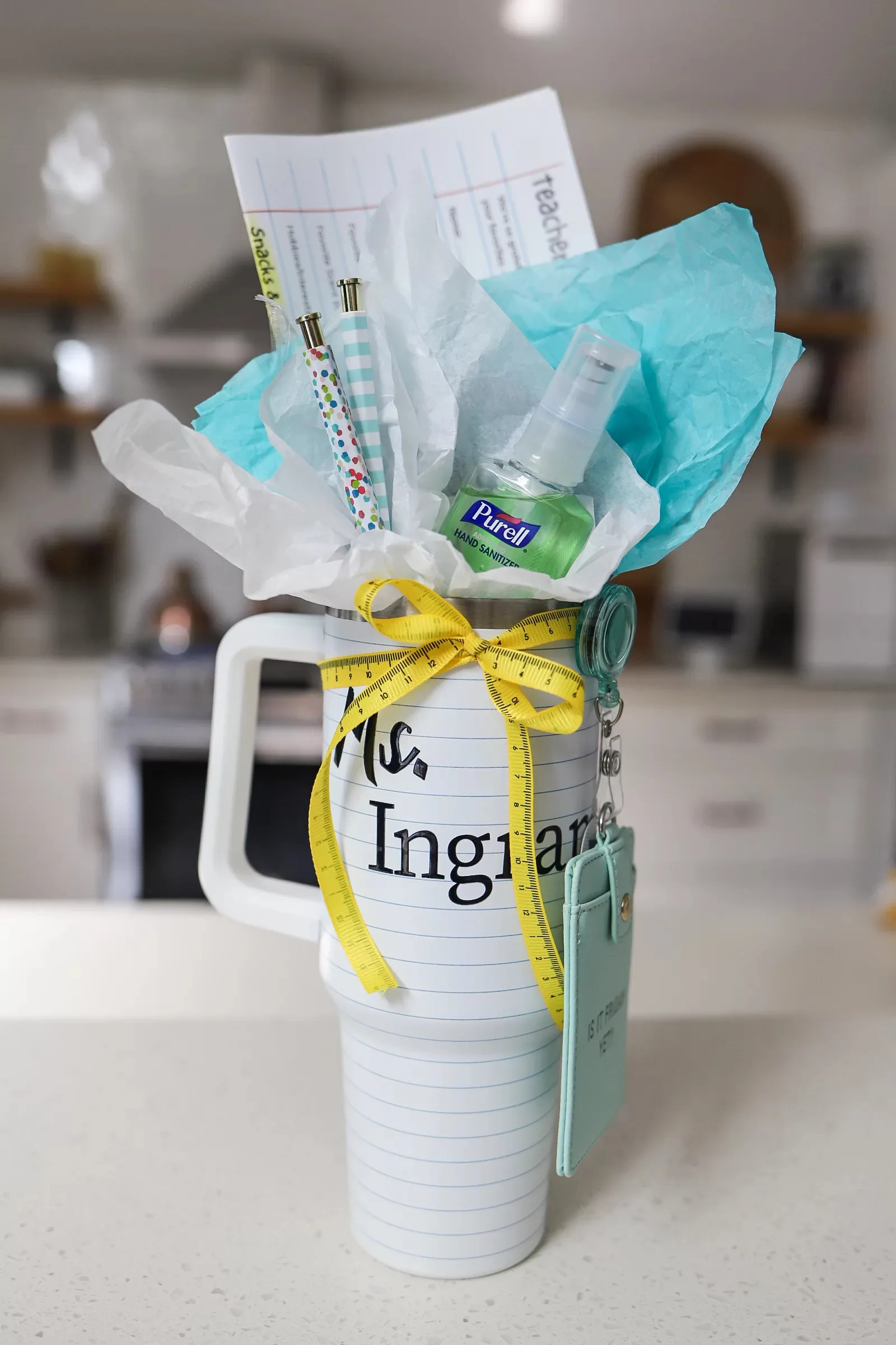 Personalized tumbler with pens and sanitizer