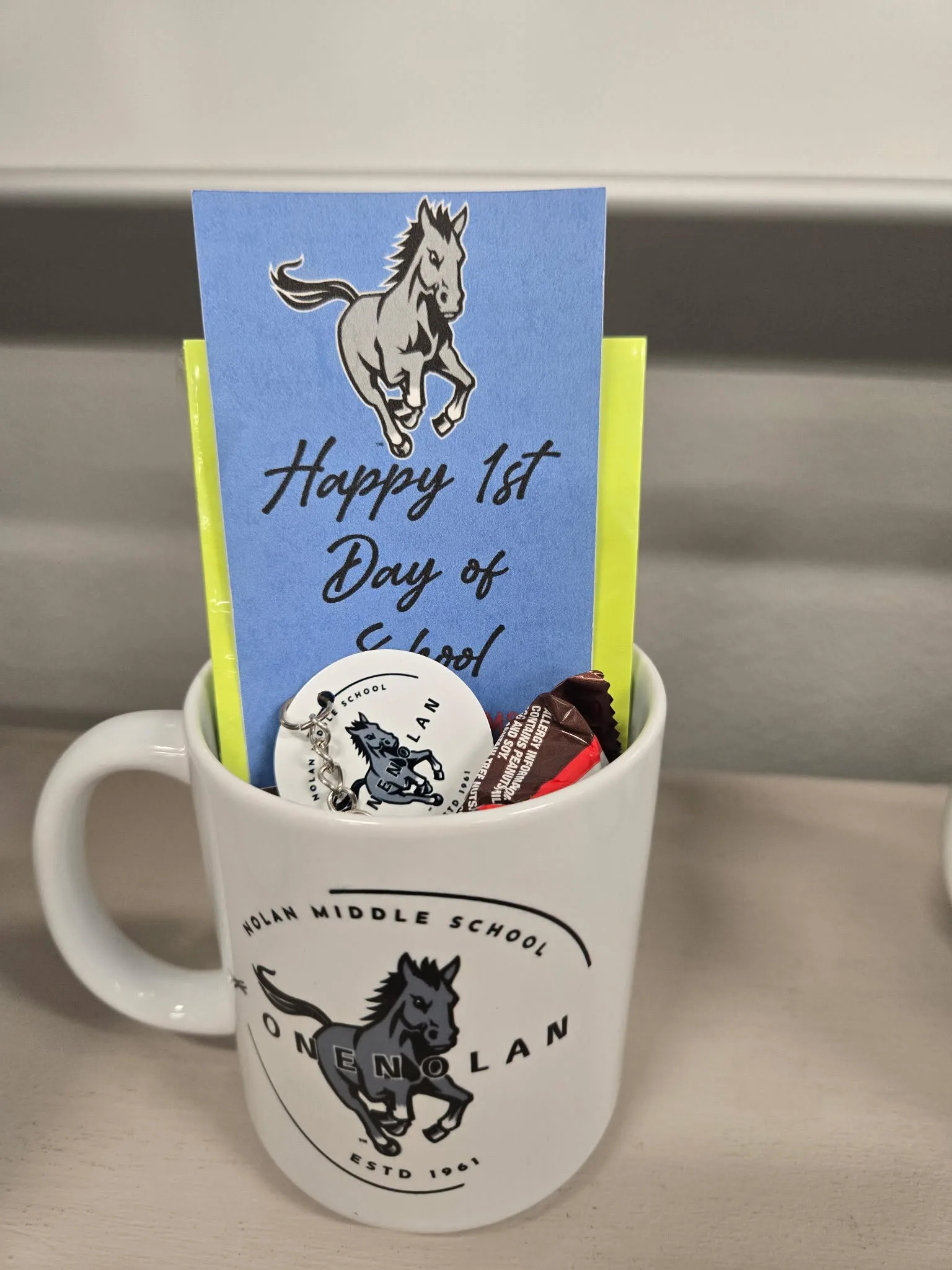 School mascot mug with candy and keychain