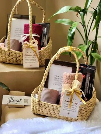 Woven baskets with candle and towel